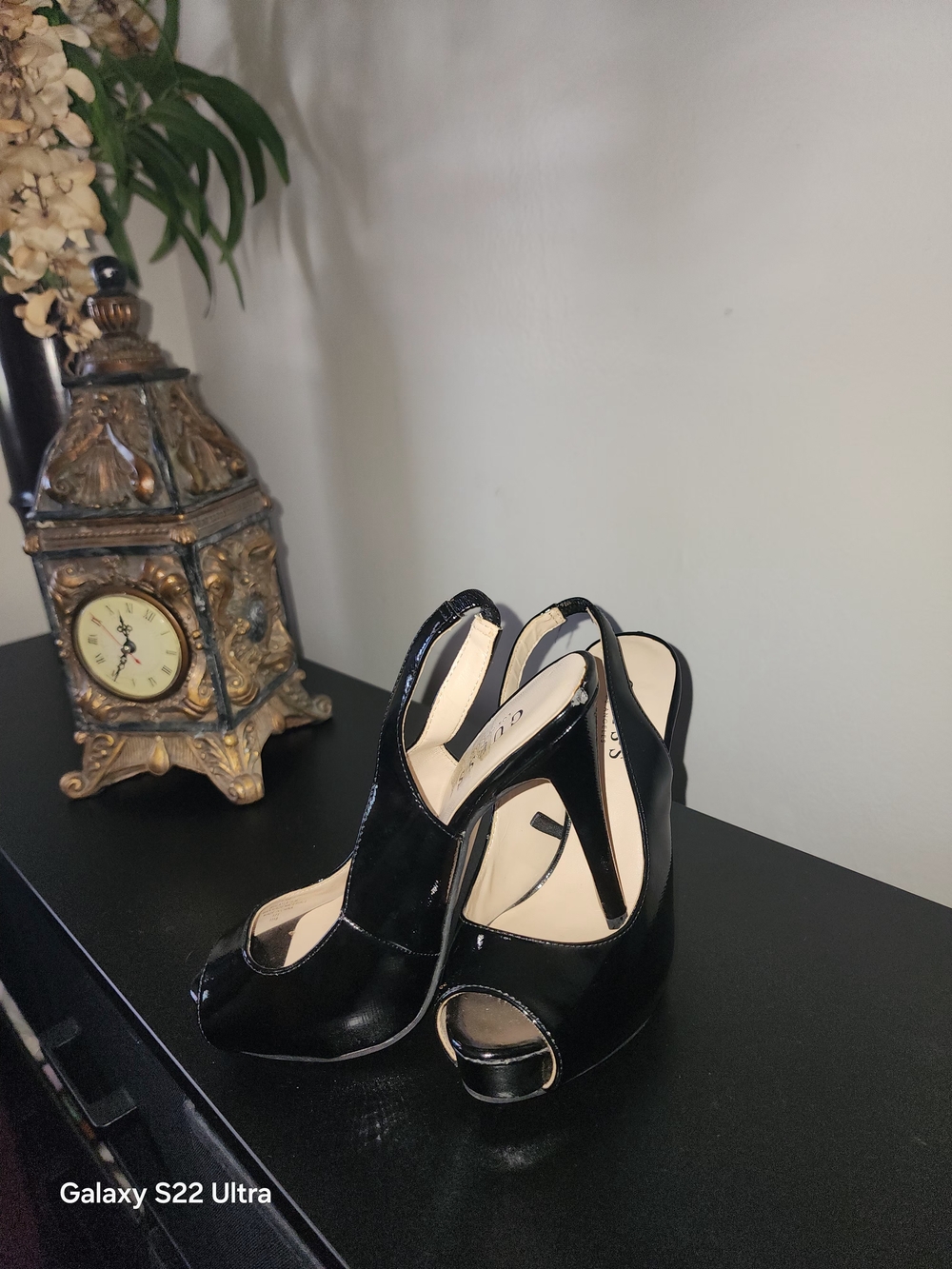 GUESS Black Patent Leather Peep-Toe Slingback Stilettos - Picture 4 of 6